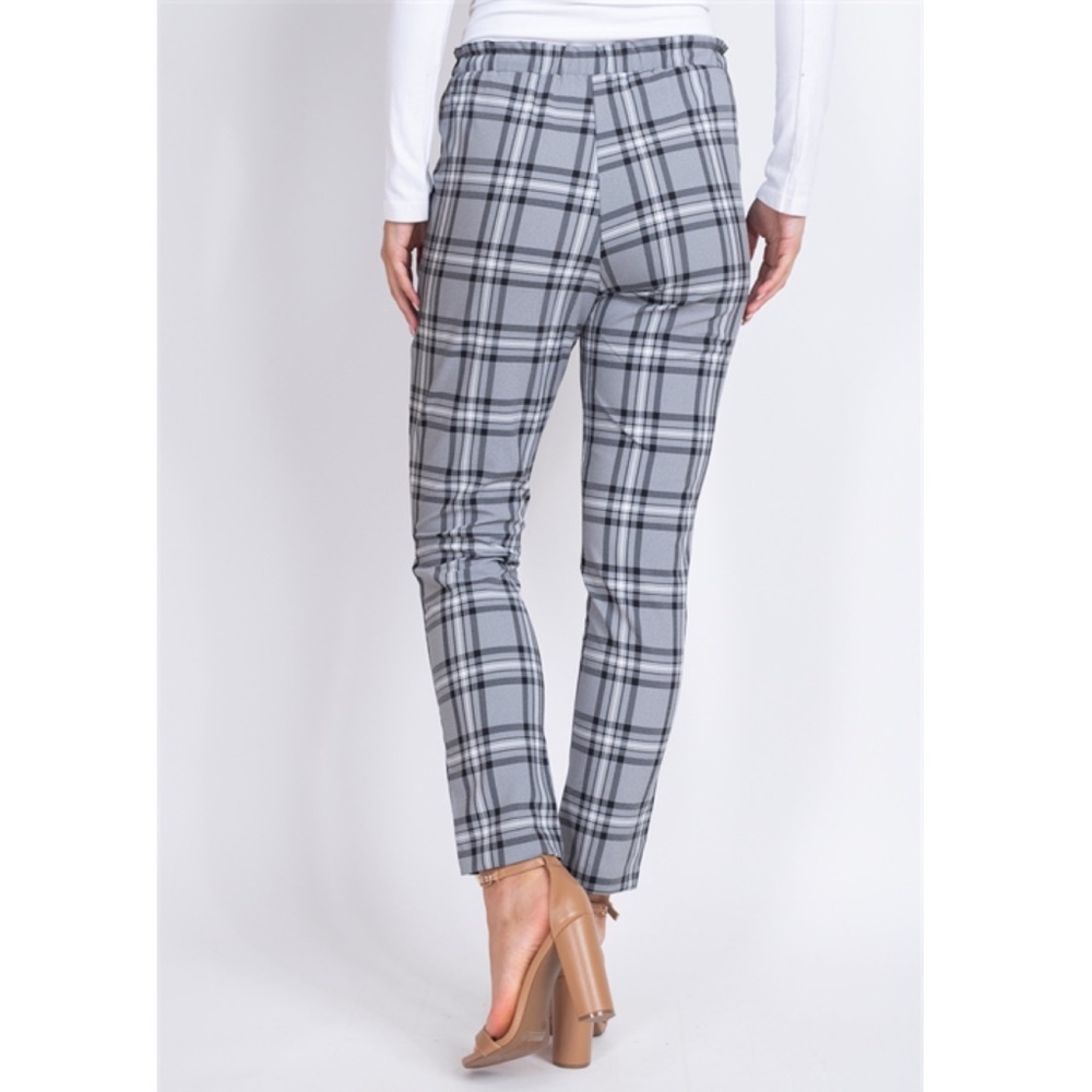 Black Gray and White Plaid Slim Fit Drawstring Trousers - Picture 4 of 16